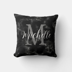 Girly marble Black and White Monogram and Name Cushion