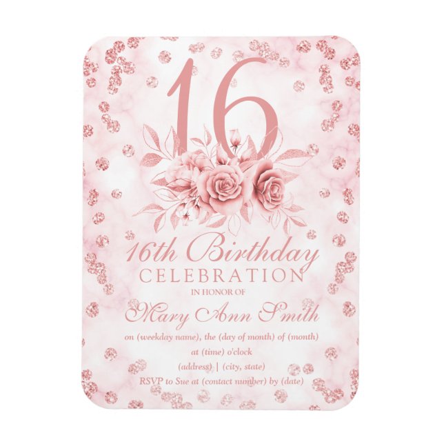 Girly Marble Glitter Rose Gold Floral Sweet 16th I Magnet (Vertical)