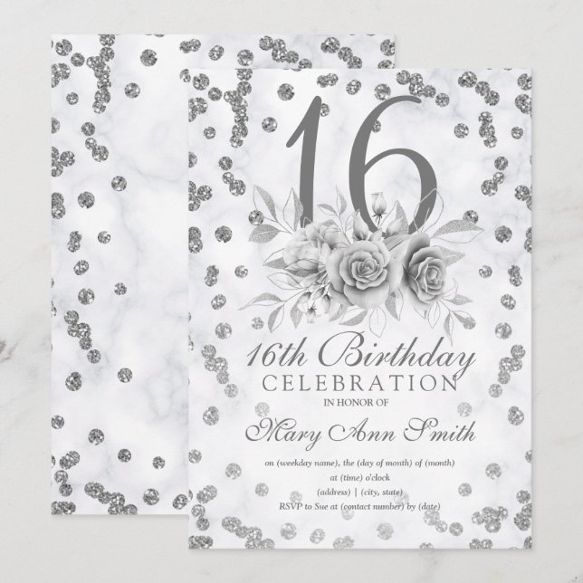 Girly Marble Glitter Silver Floral Sweet 16th Invitation (Front/Back)