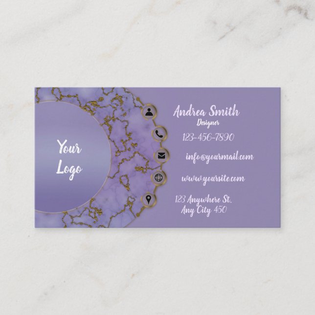 Girly Marble Gold Glitter Modern Minimalist Purple Business Card (Front)