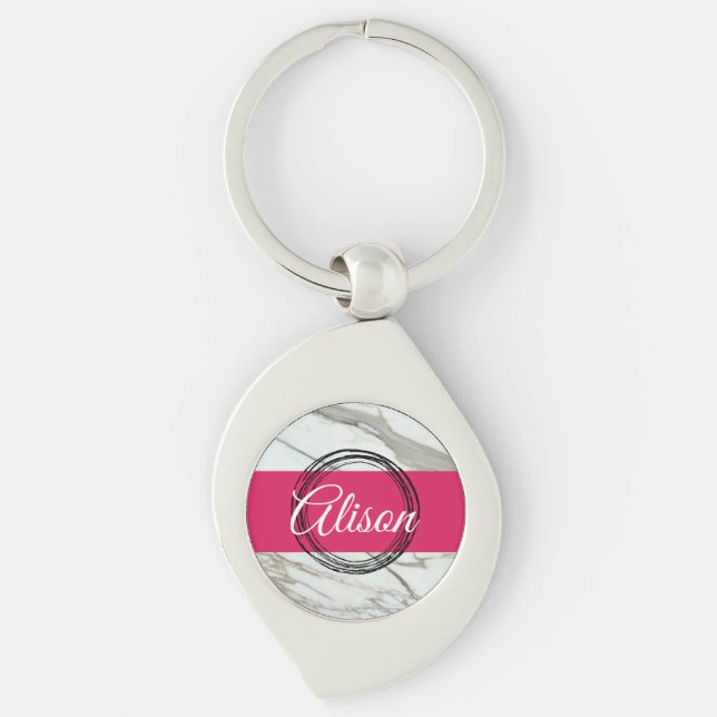 Girly marble pink custom name minimal design key ring (Front)