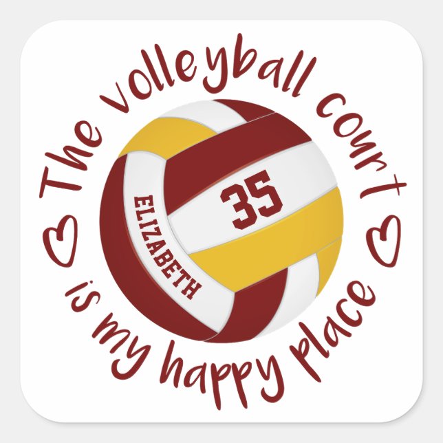 girly maroon gold volleyball court my happy place square sticker (Front)