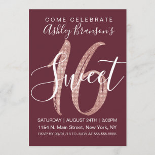 Girly Marsala Rose Gold Sequin Glitter Sweet 16 Invitation