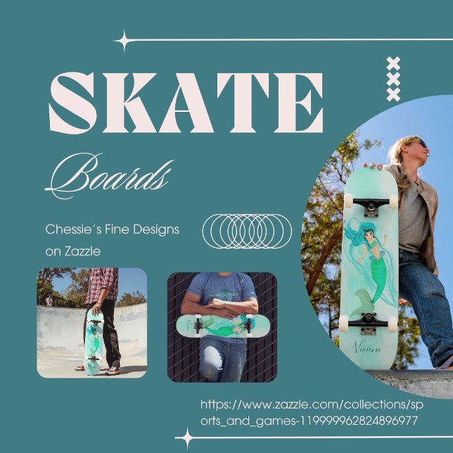  Girly Mermaid Green Tail Blue  Skateboard (Creator Uploaded)