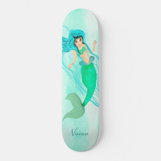  Girly Mermaid Green Tail Blue  Skateboard (Front)