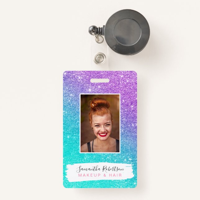 Girly mermaid purple glitter chic turquoise ombre ID badge (Front with Retractable)