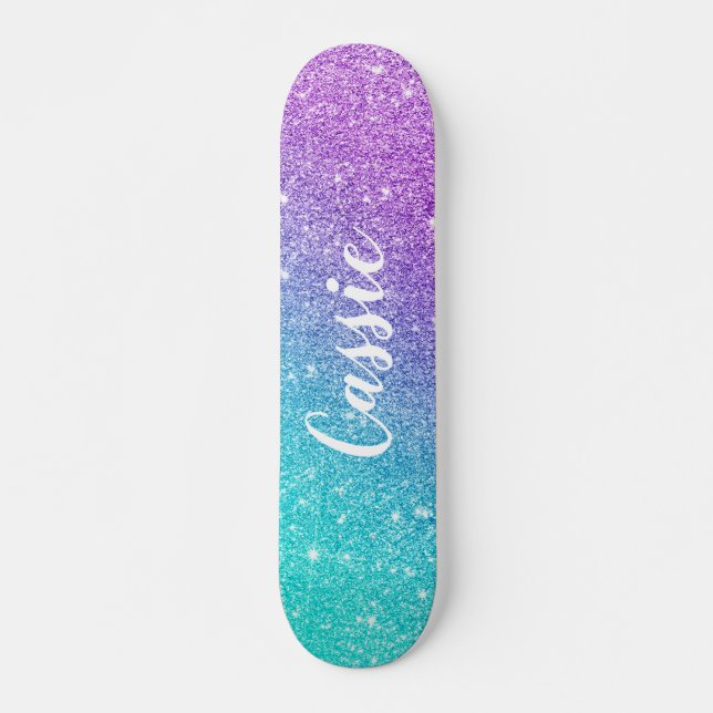 Girly mermaid purple glitter chic turquoise ombre skateboard (Front)
