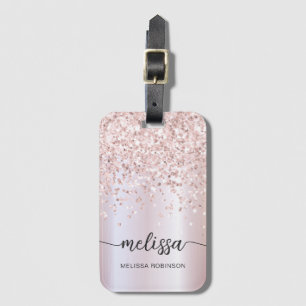 Girly Metal Rose Gold Glitter Monogram Name Script Luggage Tag
