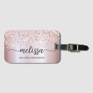 Girly Metal Rose Gold Glitter Monogram Name Script Luggage Tag