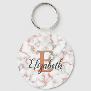 Girly Metallic Copper Marble Monogram Key Ring