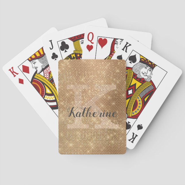 Girly Metallic Gold Glitter Diamond Monogram Name Playing Cards (Back)