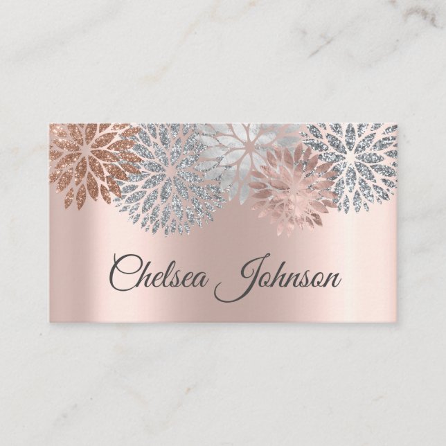 Girly Metallic Rose Gold & Glitter Dahlia Flower Business Card (Front)