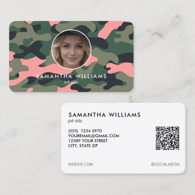 Girly Military Army QR Photo Business Card (Front/Back)