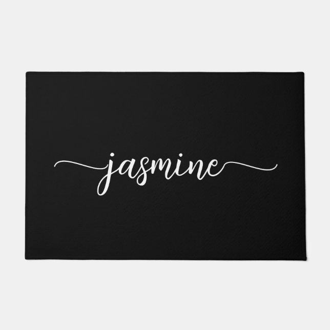 Girly Minimal Black Custom Monogram Name Script Doormat (Front)