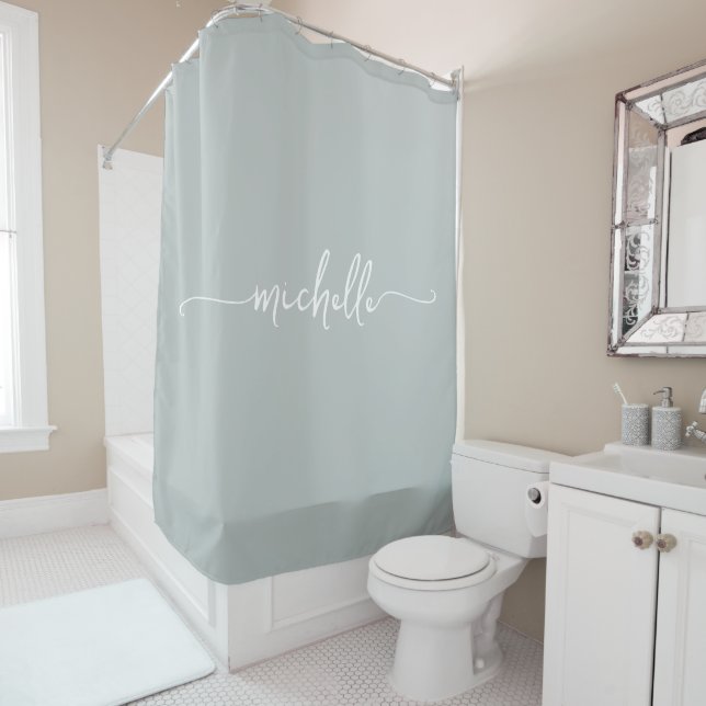 Girly Minimal Sage Green Monogram Name Calligraphy Shower Curtain (In Situ)