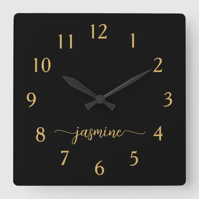 Girly Minimalist Black Gold Monogram Name Script Square Wall Clock (Front)