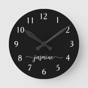 Girly Minimalist Monogram Name Script Black  Round Clock