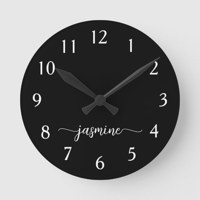 Girly Minimalist Monogram Name Script Black  Round Clock (Front)