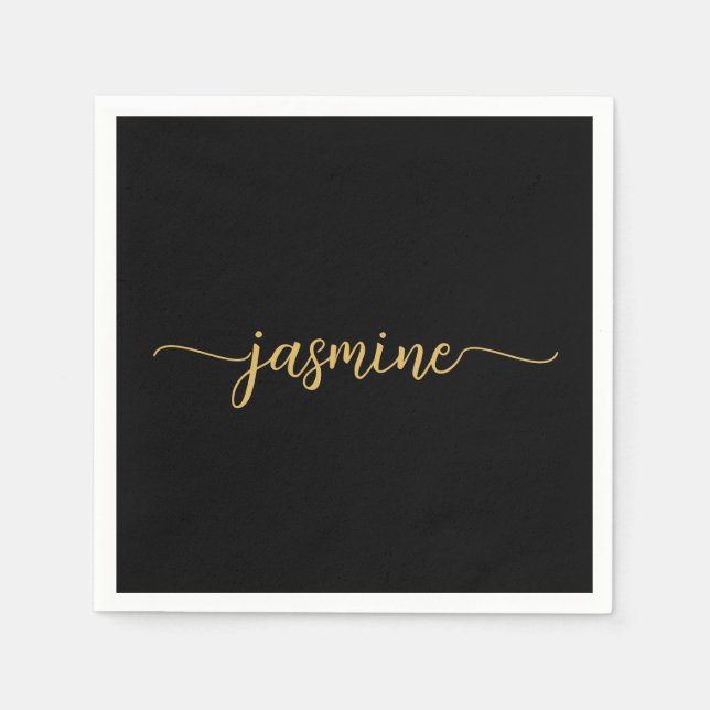 Girly Minimalist Simple Black Gold Monogram Script Napkin (Front)