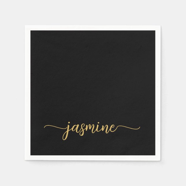 Girly Minimalist Simple Black Gold Monogram Script Napkin (Front)