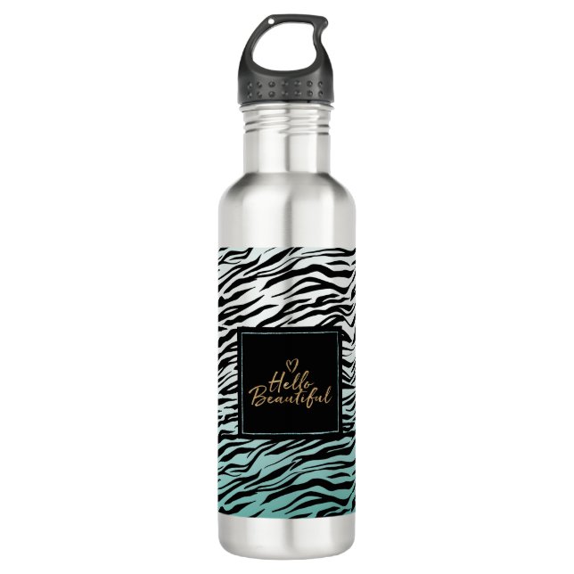 Girly Mint Black Zebra Print Ombre Hello Beautiful 710 Ml Water Bottle (Front)