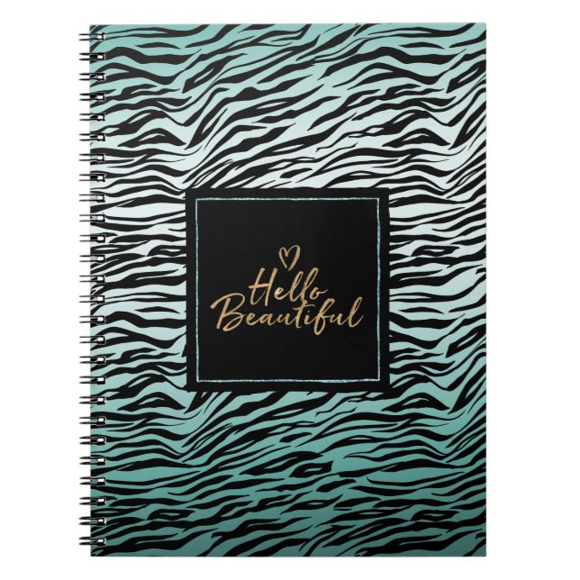 Girly Mint Black Zebra Print Ombre Hello Beautiful Notebook (Front)