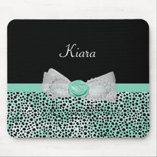 Girly Mint Cheetah Print Cute Rose Bow and Name Mouse Mat