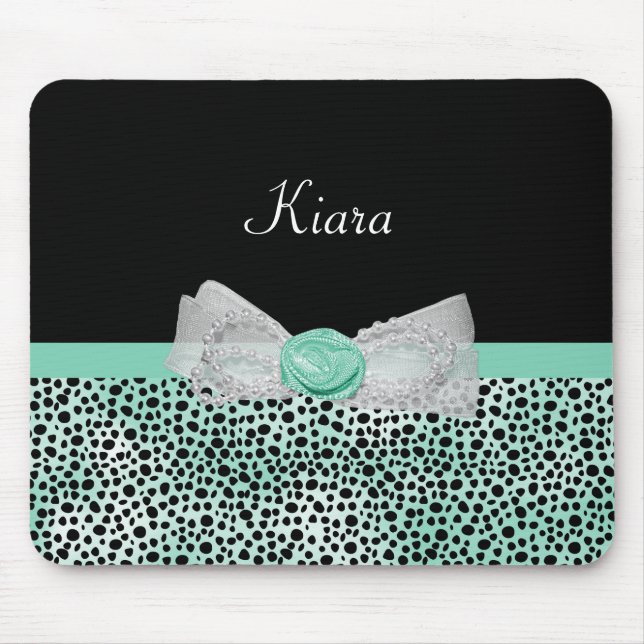 Girly Mint Cheetah Print Cute Rose Bow and Name Mouse Mat (Front)