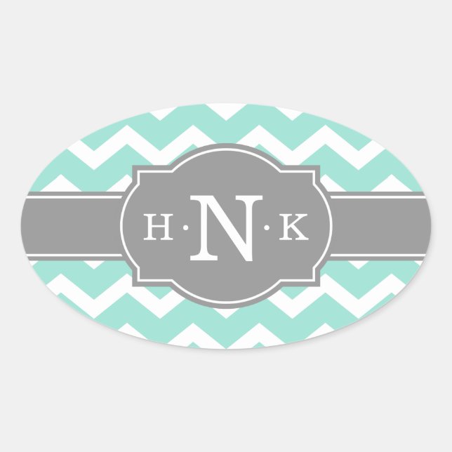 Girly Mint Chevron Grey Monogram Oval Sticker (Front)