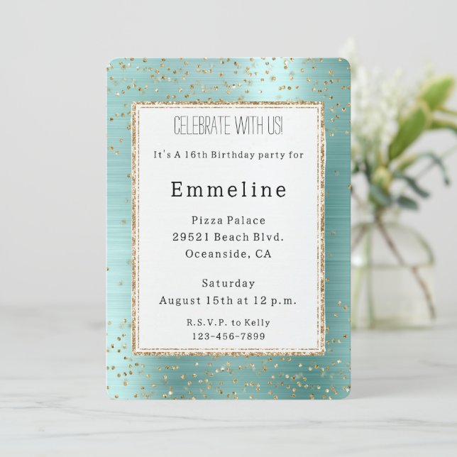 Girly Mint Glam Gold Sparkle Confetti Birthday Invitation (Standing Front)