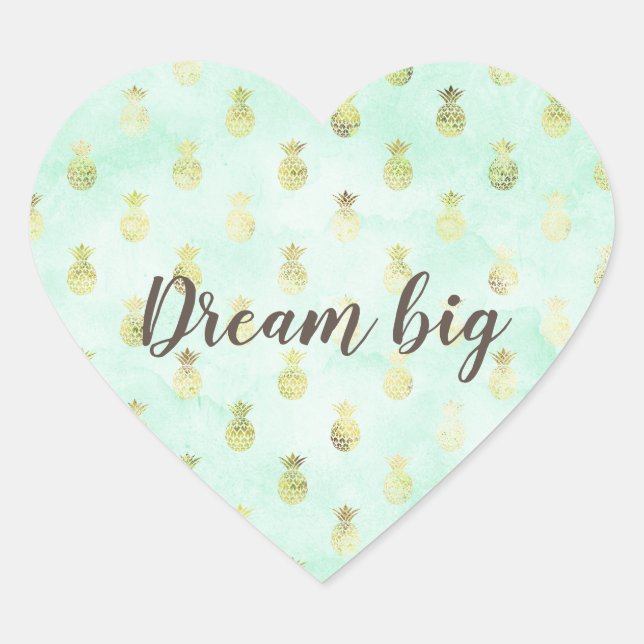Girly Mint Glam Gold Tropical Pineapples Heart Sticker (Front)