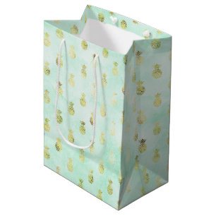 Girly Mint Glam Gold Tropical Pineapples Medium Gift Bag