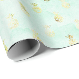 Girly Mint Glam Gold Tropical Pineapples Wrapping Paper