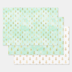 Girly Mint Glam Gold Tropical Pineapples Wrapping Paper Sheet