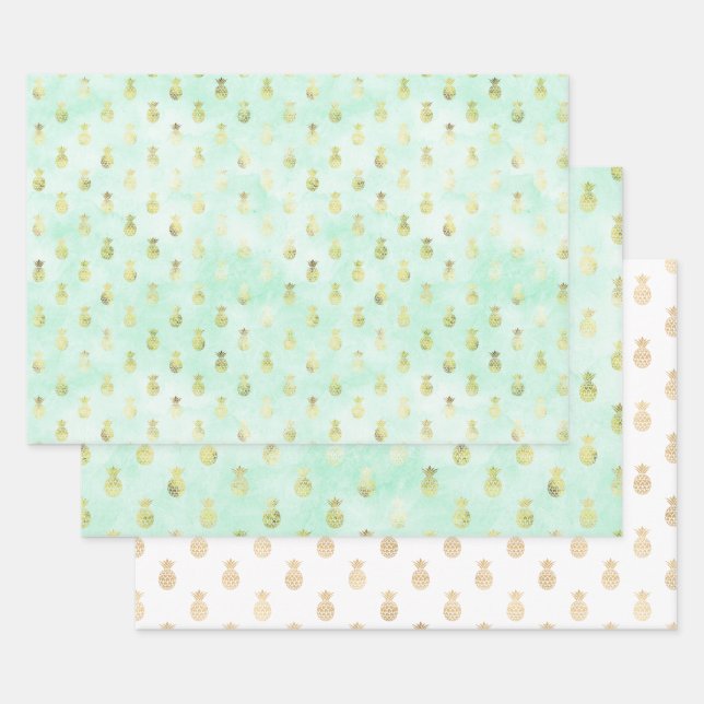 Girly Mint Glam Gold Tropical Pineapples Wrapping Paper Sheet (Set)