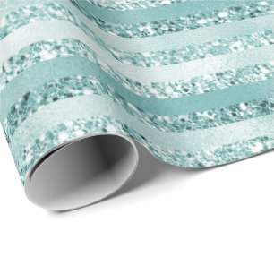 Girly Mint Glitter Glam Stripes Wrapping Paper
