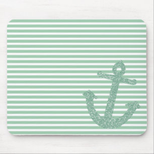 Girly Mint Glitter Nautical Anchor Mouse Mat