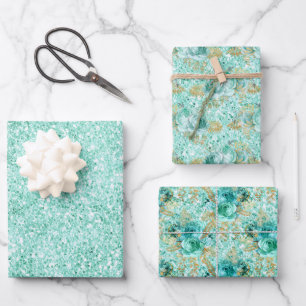 Girly Mint Gold Glitter Floral Wrapping Paper Sheet
