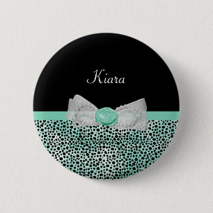 Girly Mint Green Cheetah Print Cute Bow and Name 6 Cm Round Badge
