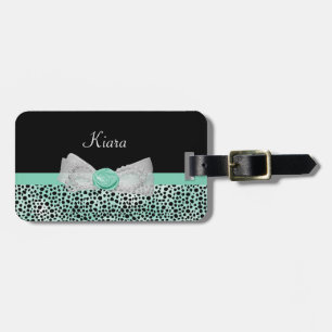 Girly Mint Green Cheetah Print Cute Bow and Name Luggage Tag