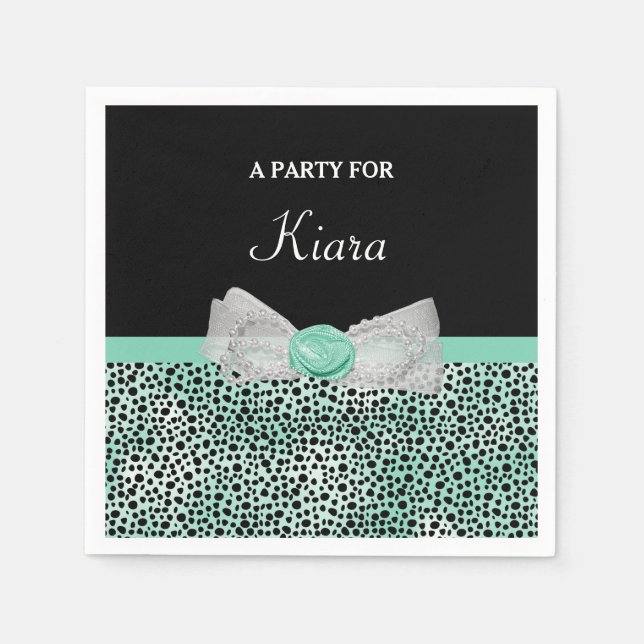Girly Mint Green Cheetah Print Cute Bow and Name Napkin (Front)