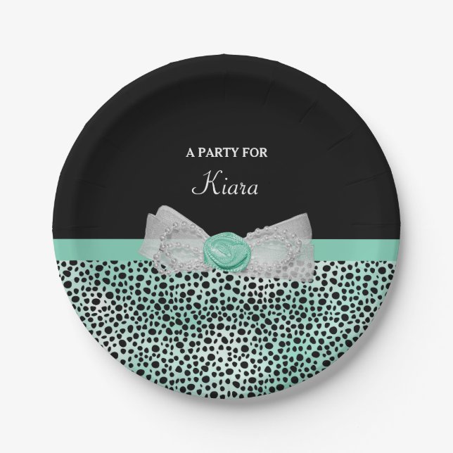 Girly Mint Green Cheetah Print Cute Bow Party Name Paper Plate (Front)