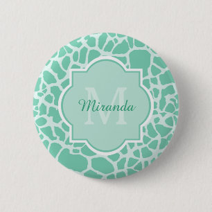 Girly Mint Green Giraffe Print Monogram and Name 6 Cm Round Badge