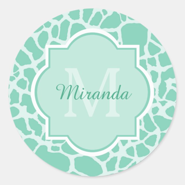 Girly Mint Green Giraffe Print Monogram and Name Classic Round Sticker (Front)