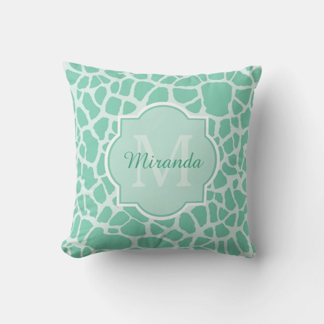 Girly Mint Green Giraffe Print Monogram and Name Cushion (Front)