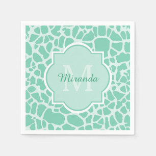 Girly Mint Green Giraffe Print Monogram and Name Napkin
