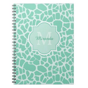 Girly Mint Green Giraffe Print Monogram and Name Notebook