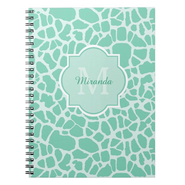 Girly Mint Green Giraffe Print Monogram and Name Notebook (Front)