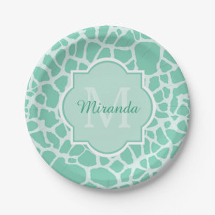 Girly Mint Green Giraffe Print Monogram and Name Paper Plate