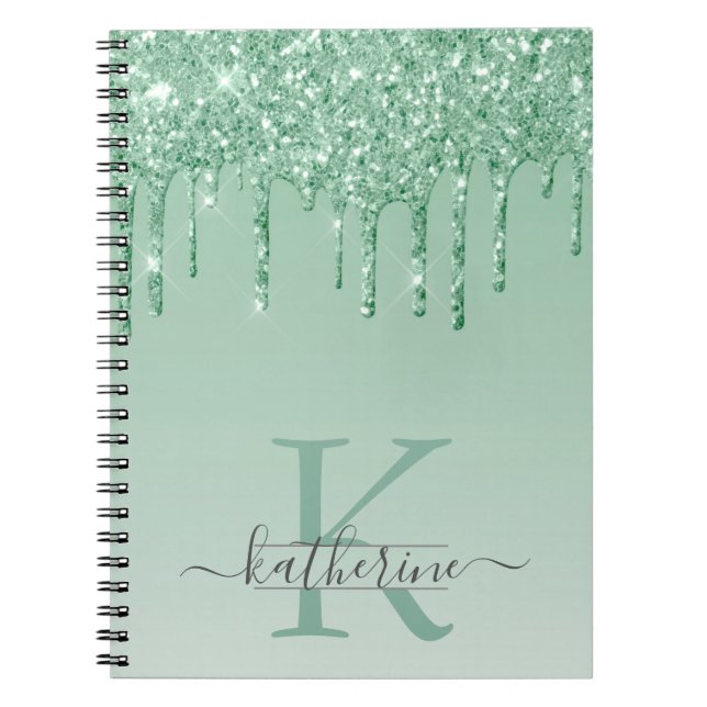 Girly Mint Green Glitter Drips Monogrammed Notebook (Front)